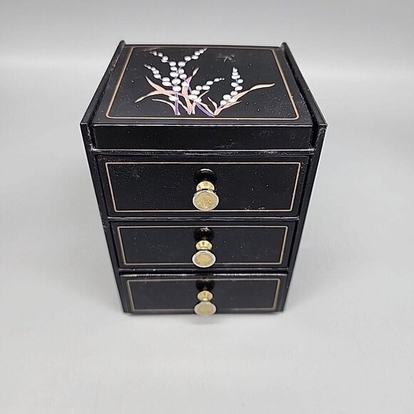 Vintage Japanese Lacquer Jewelry Box Hand Crafted By Otagiri 3 Drawers & Mirror - Picture 1 of 5